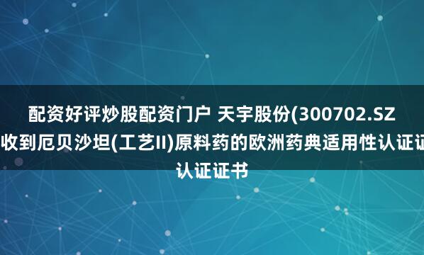 配资好评炒股配资门户 天宇股份(300702.SZ)：收到厄贝沙坦(工艺II)原料药的欧洲药典适用性认证证书